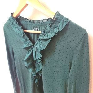 Ann Taylor Loft Emerald Green With Polkadots Ruffle Neck Top Size S